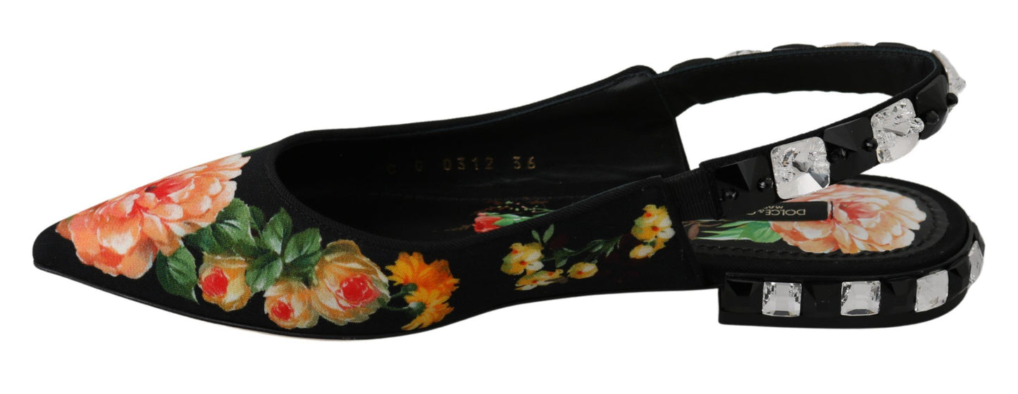 Dolce &amp; Gabbana Schwarze, florale Slingback-Schuhe mit Kristallen