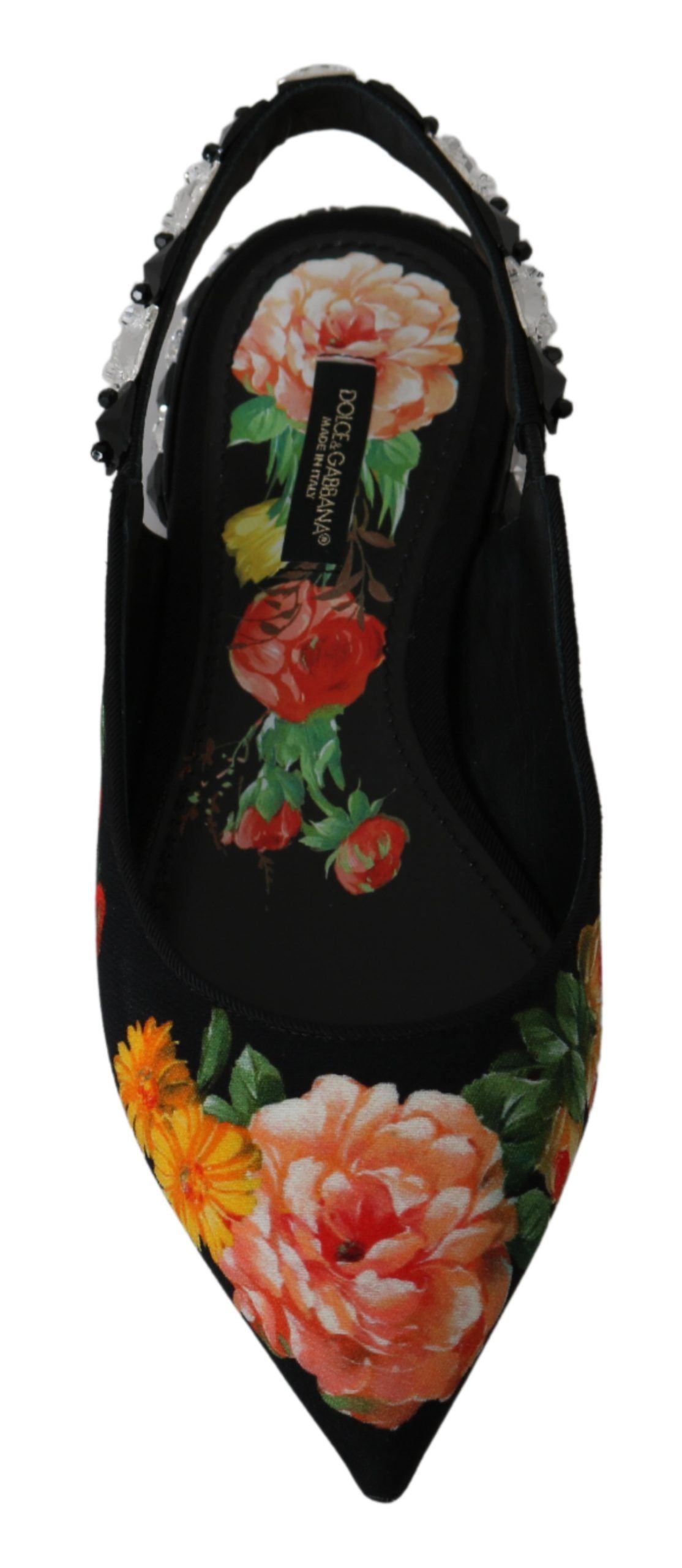 Dolce &amp; Gabbana Schwarze, florale Slingback-Schuhe mit Kristallen