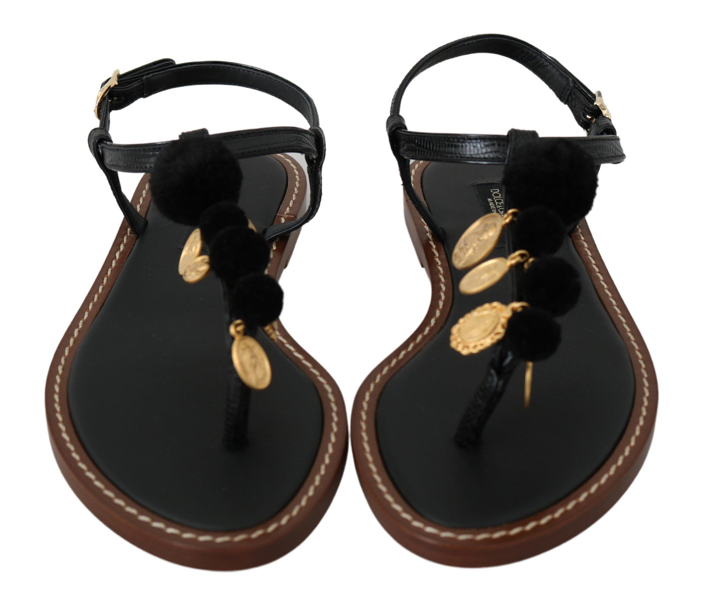 Dolce &amp; Gabbana Schwarze Ledermünzen Flip Flops Sandalen Schuhe