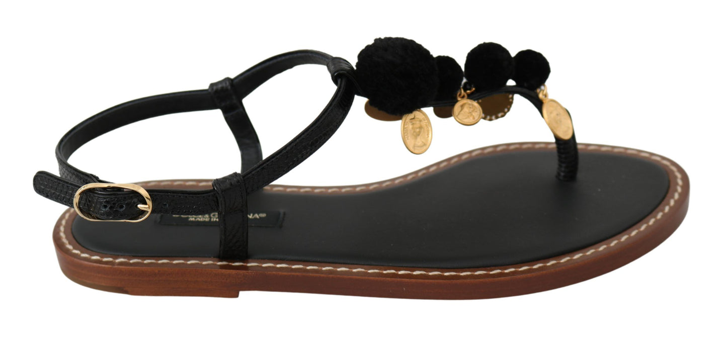 Dolce &amp; Gabbana Black Leather Coins Flip Flops Sandals Shoes