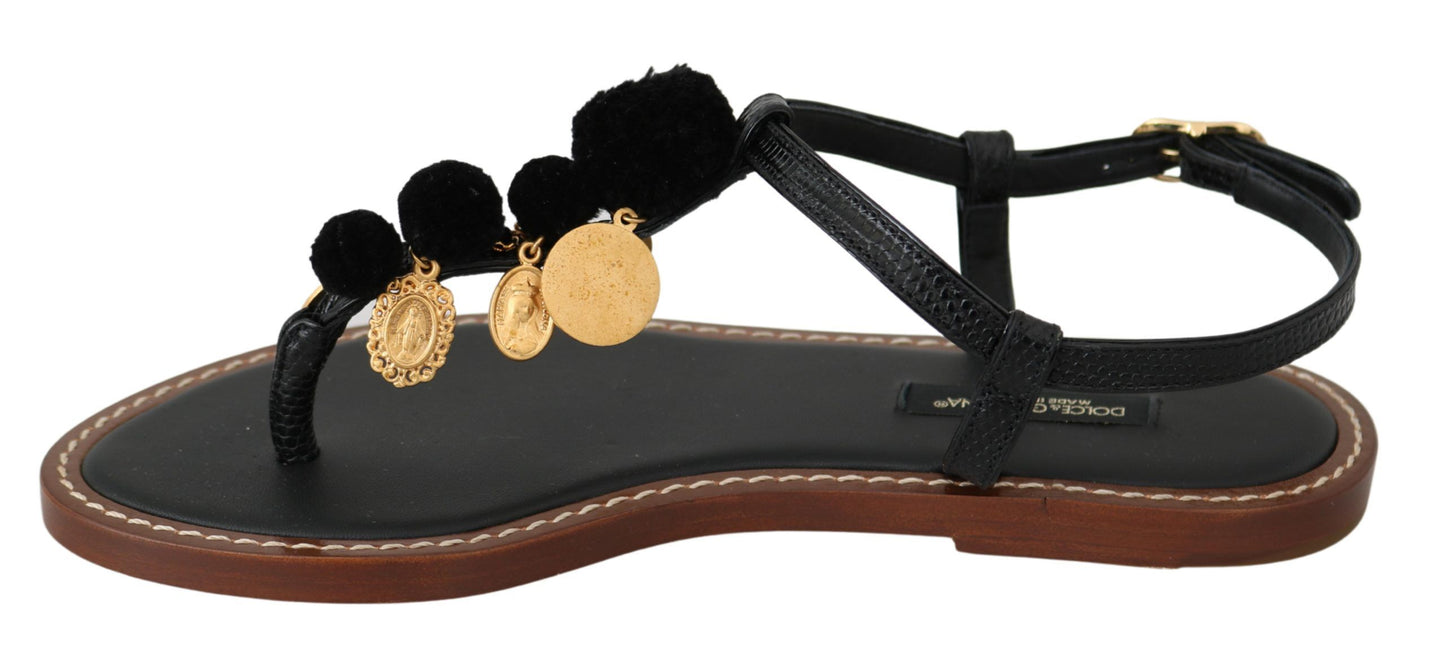 Dolce &amp; Gabbana Black Leather Coins Flip Flops Sandals Shoes