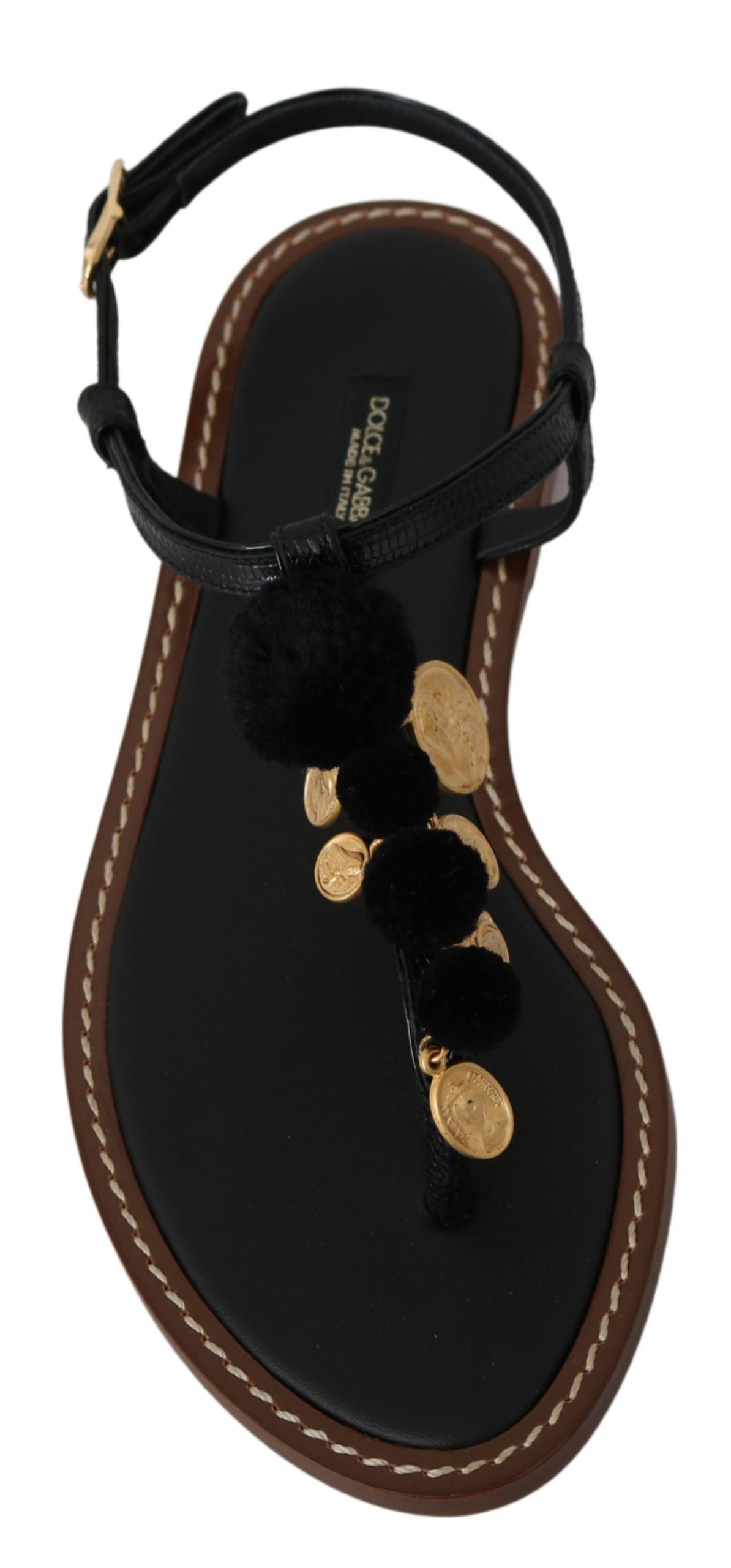 Dolce &amp; Gabbana Schwarze Ledermünzen Flip Flops Sandalen Schuhe