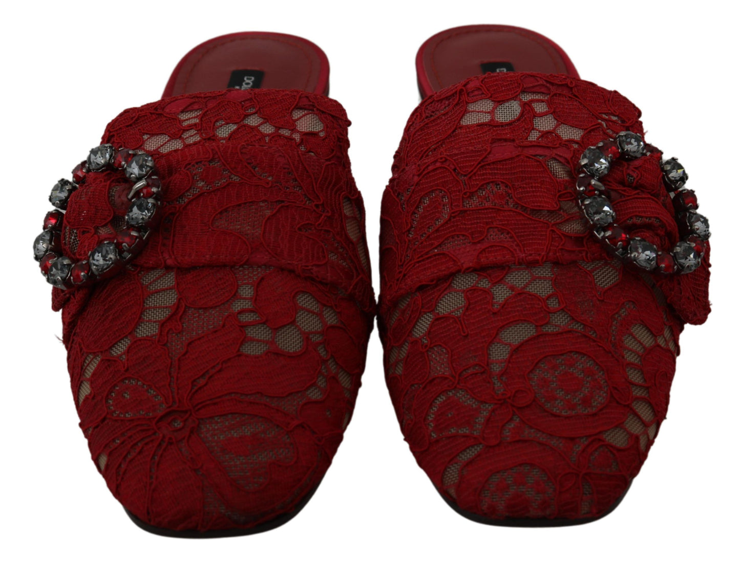 Dolce &amp; Gabbana Red Lace Crystal Slide Sa Flats Shoes