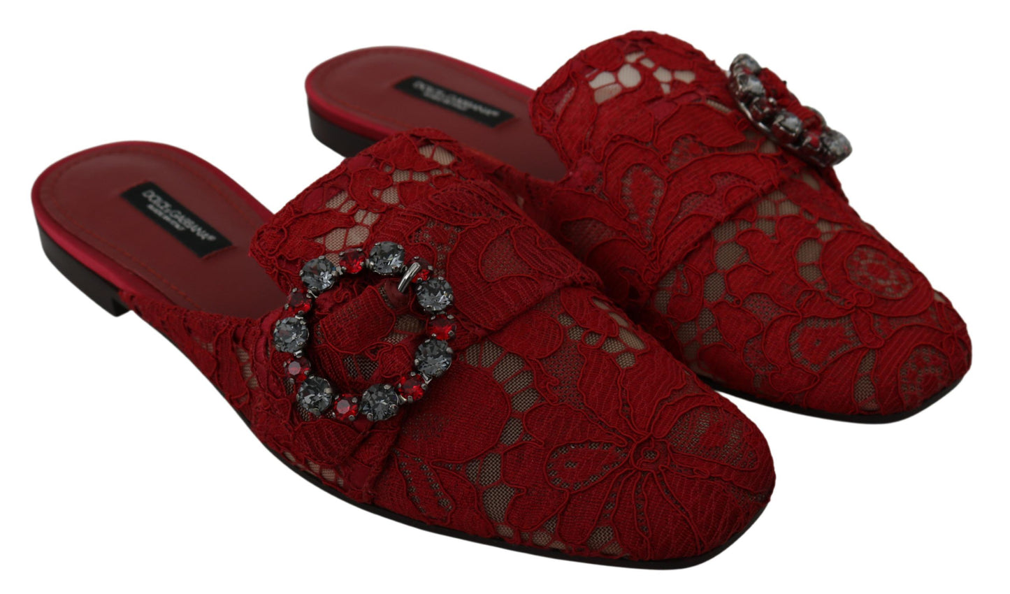 Dolce &amp; Gabbana Red Lace Crystal Slide Sa Flats Shoes