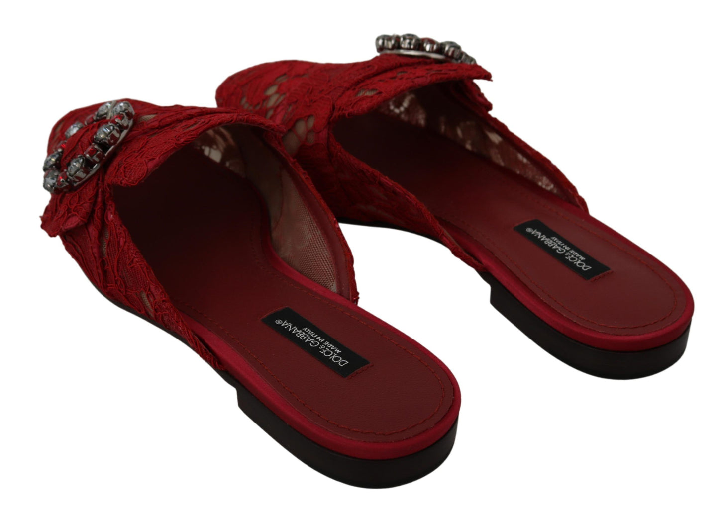 Dolce &amp; Gabbana Red Lace Crystal Slide Sa Flats Shoes