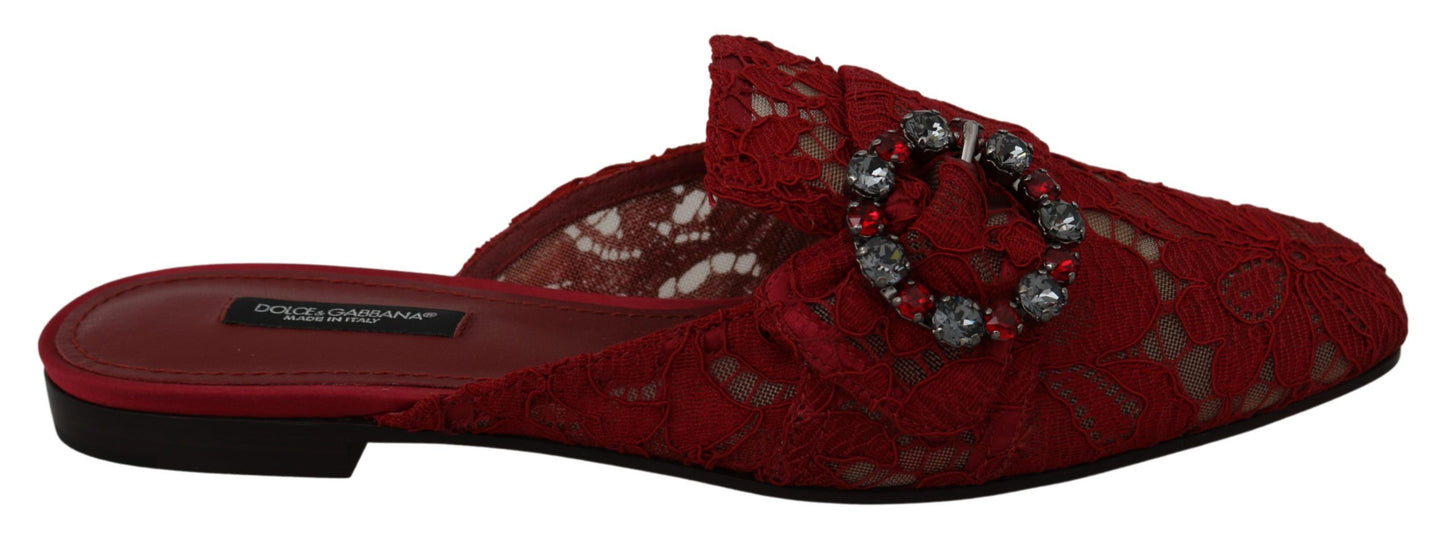 Dolce &amp; Gabbana Red Lace Crystal Slide Sa Flats Shoes