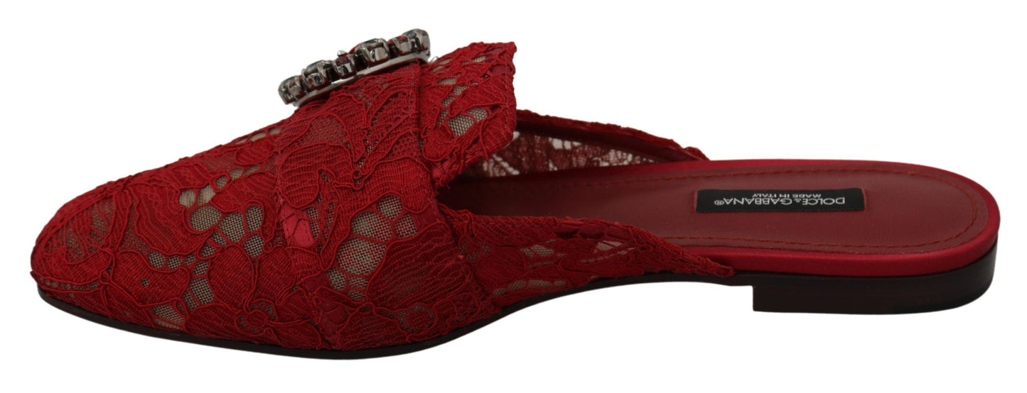 Dolce &amp; Gabbana Red Lace Crystal Slide Sa Flats Shoes