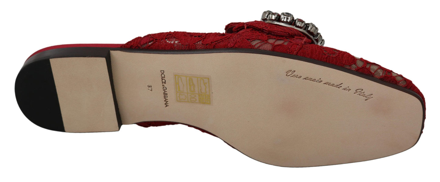 Dolce &amp; Gabbana Red Lace Crystal Slide Sa Flats Shoes