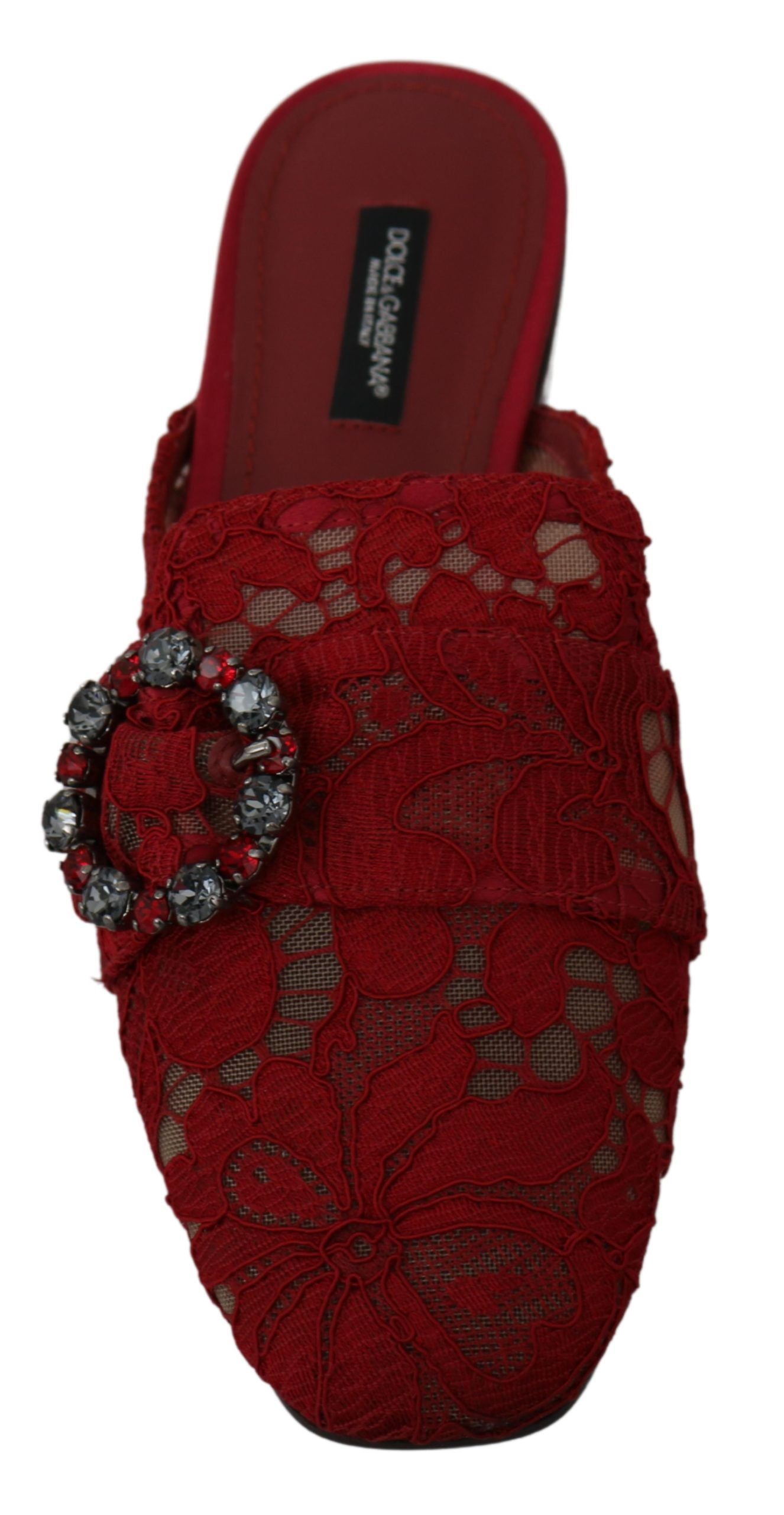 Dolce &amp; Gabbana Red Lace Crystal Slide Sa Flats Shoes