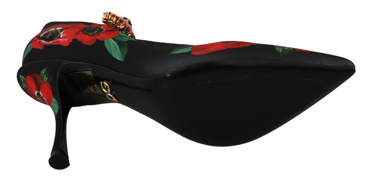 Dolce &amp; Gabbana Black Red Floral Mary Janes Pumps Shoes