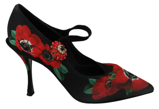 Dolce &amp; Gabbana Black Red Floral Mary Janes Pumps Shoes