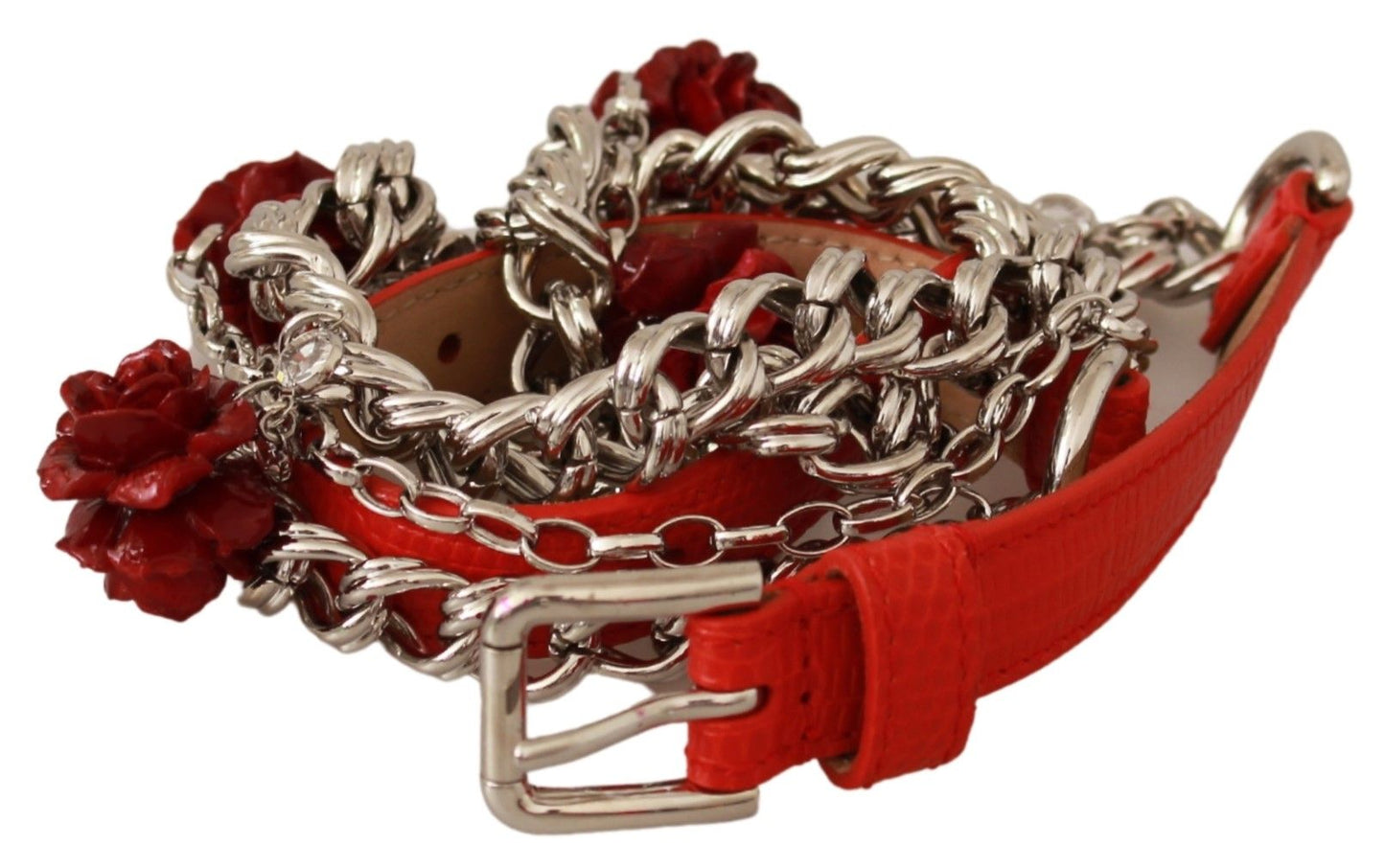 Dolce &amp; Gabbana Red Leather Roses Floral Silver Waist Belt