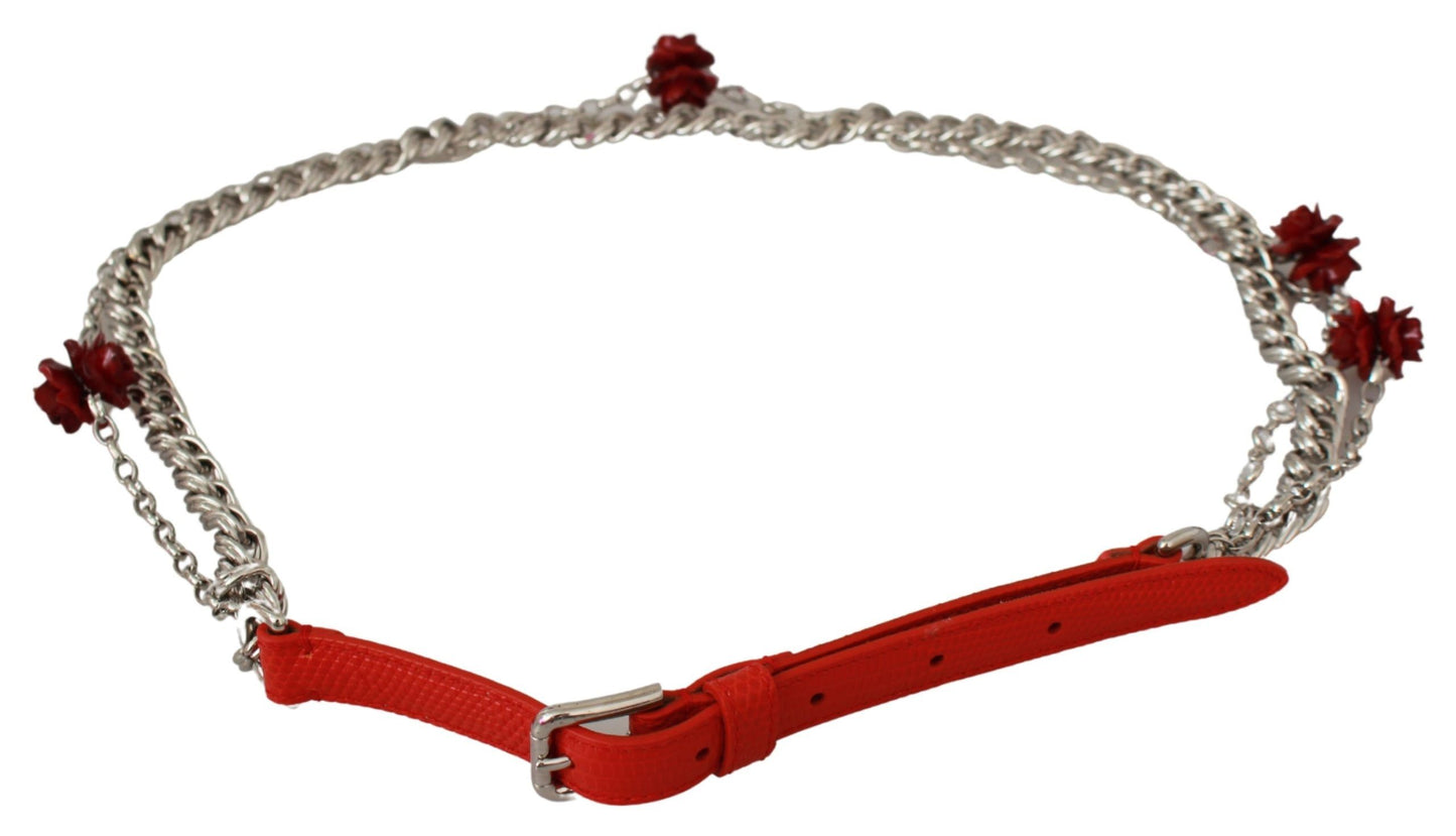 Dolce &amp; Gabbana Red Leather Roses Floral Silver Waist Belt