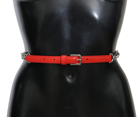 Dolce &amp; Gabbana Red Leather Roses Floral Silver Waist Belt