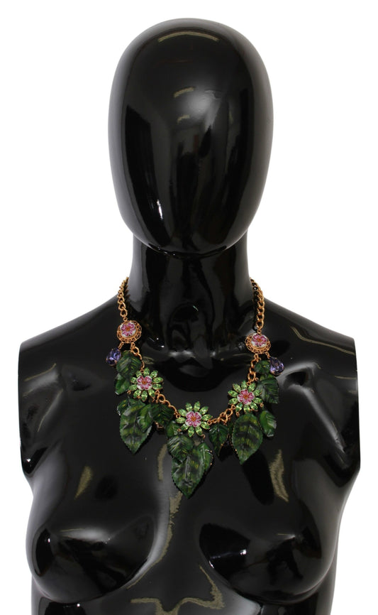 Dolce &amp; Gabbana Floral Crystal Charm Gold Brass Statement Necklace