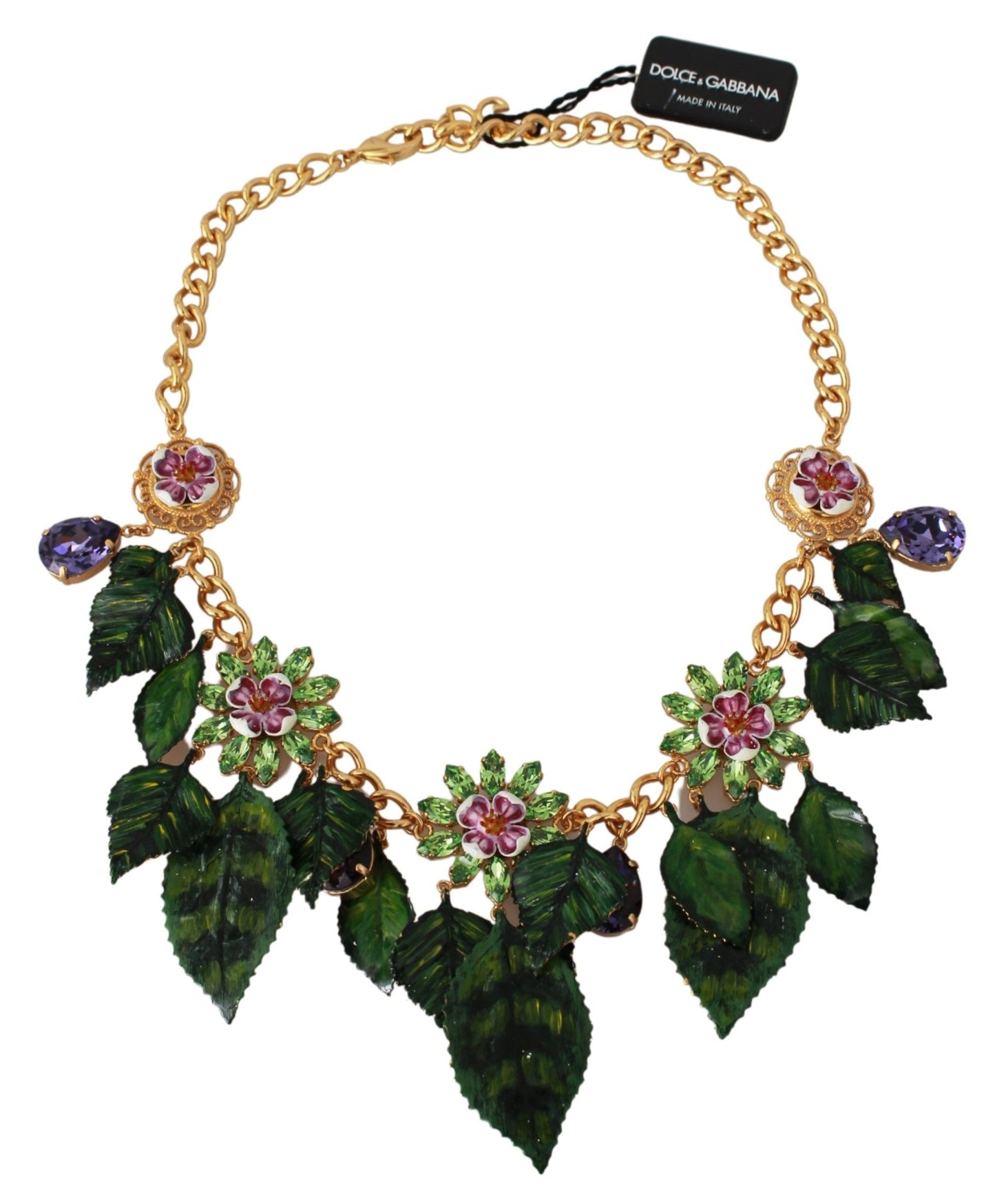 Dolce &amp; Gabbana Floral Crystal Charm Gold Brass Statement Necklace