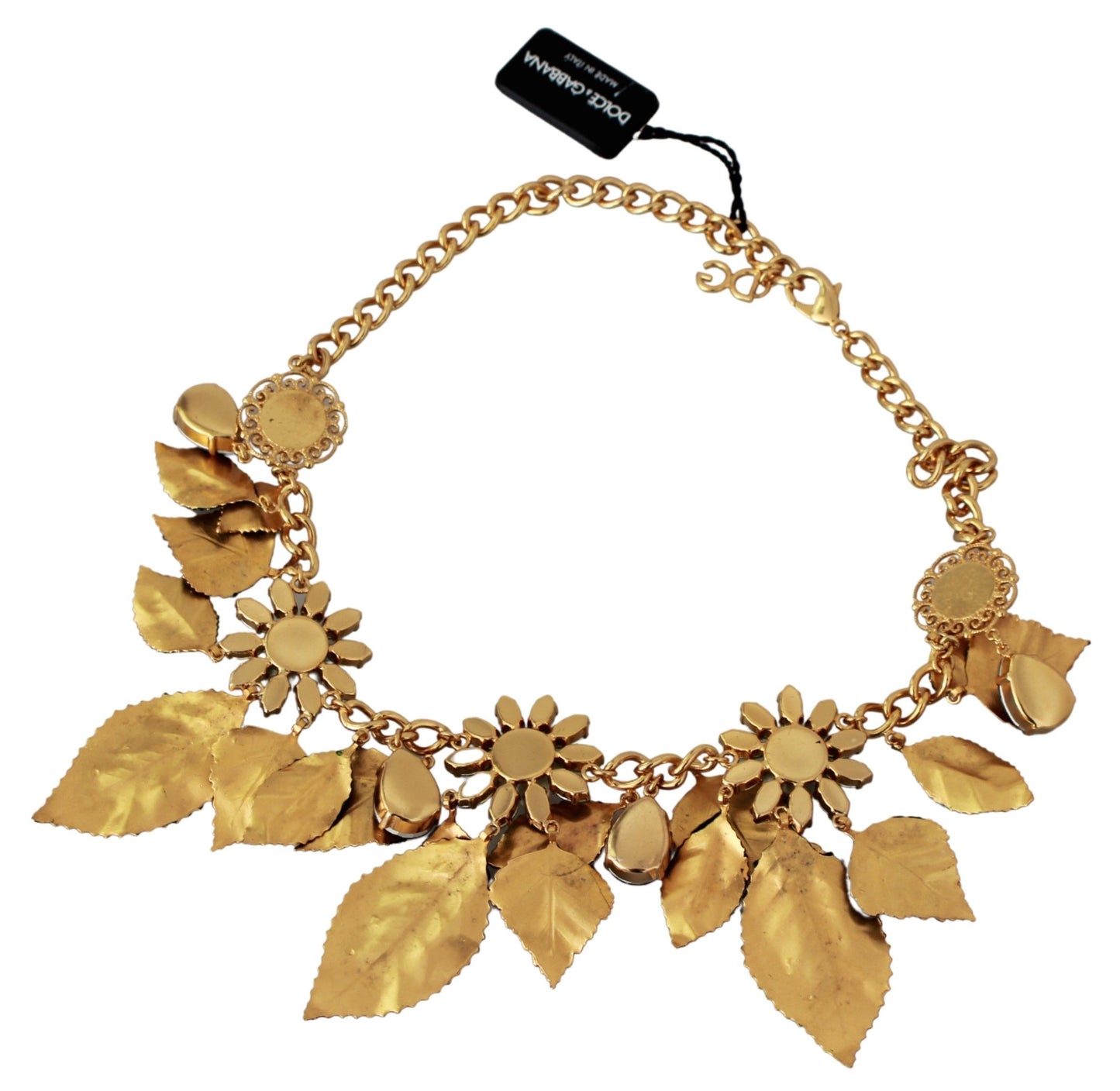 Dolce &amp; Gabbana Floral Crystal Charm Gold Brass Statement Necklace