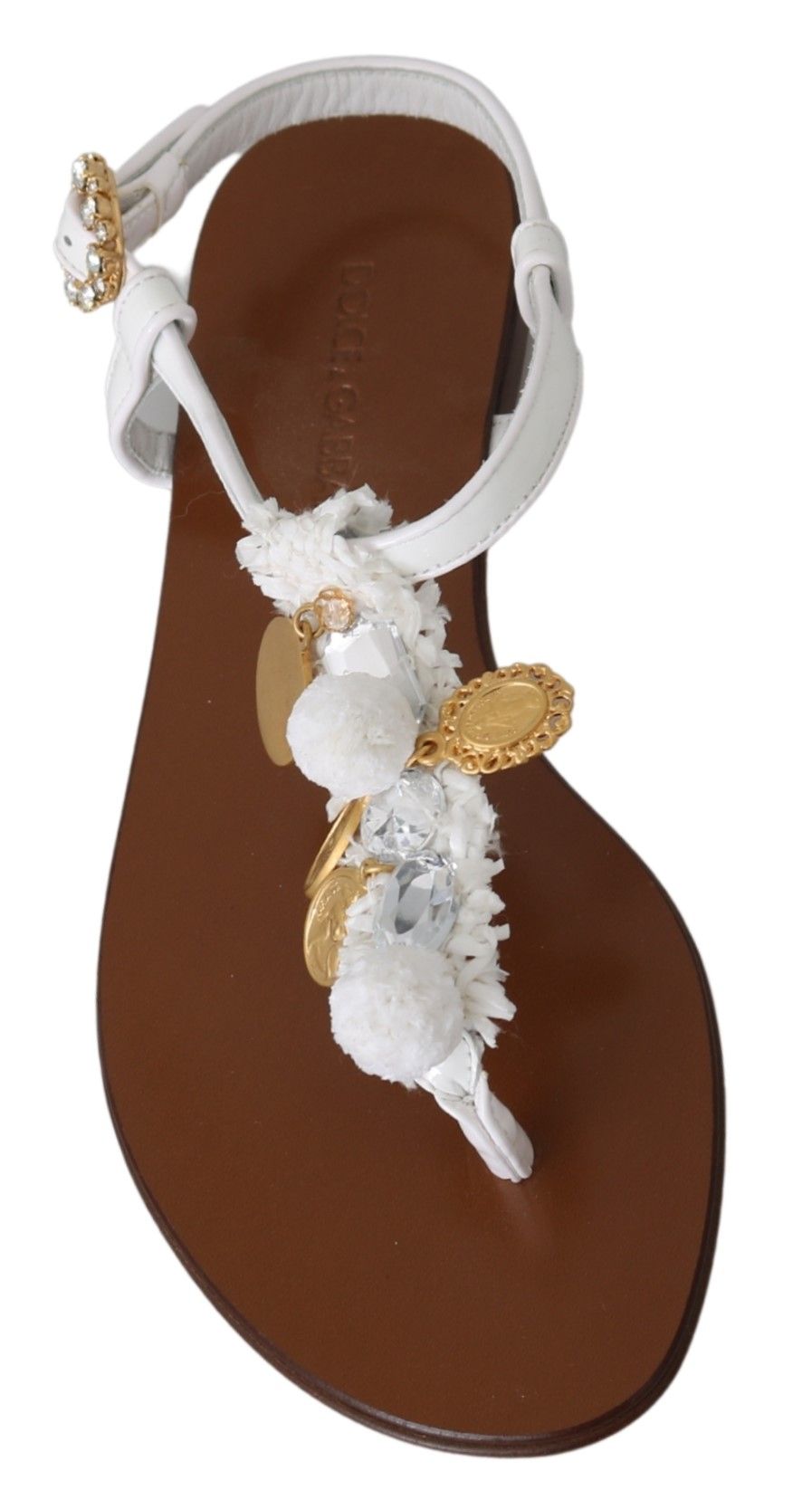 Dolce &amp; Gabbana White Leather Coins Flip Flops Sandals Shoes