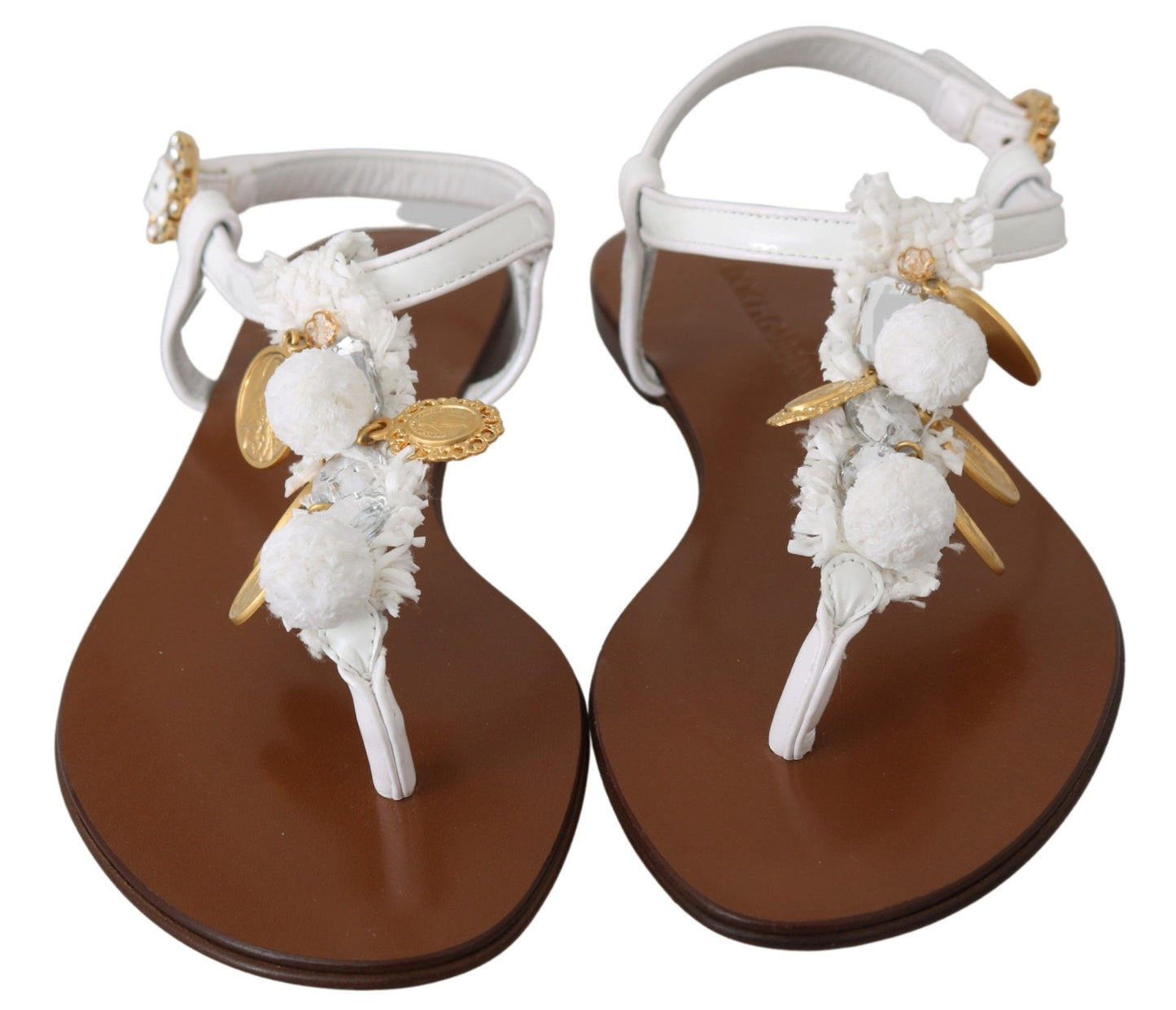 Dolce &amp; Gabbana White Leather Coins Flip Flops Sandals Shoes