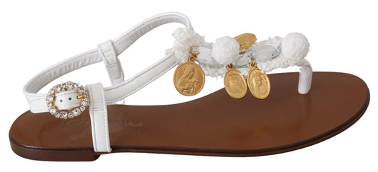 Dolce &amp; Gabbana White Leather Coins Flip Flops Sandals Shoes