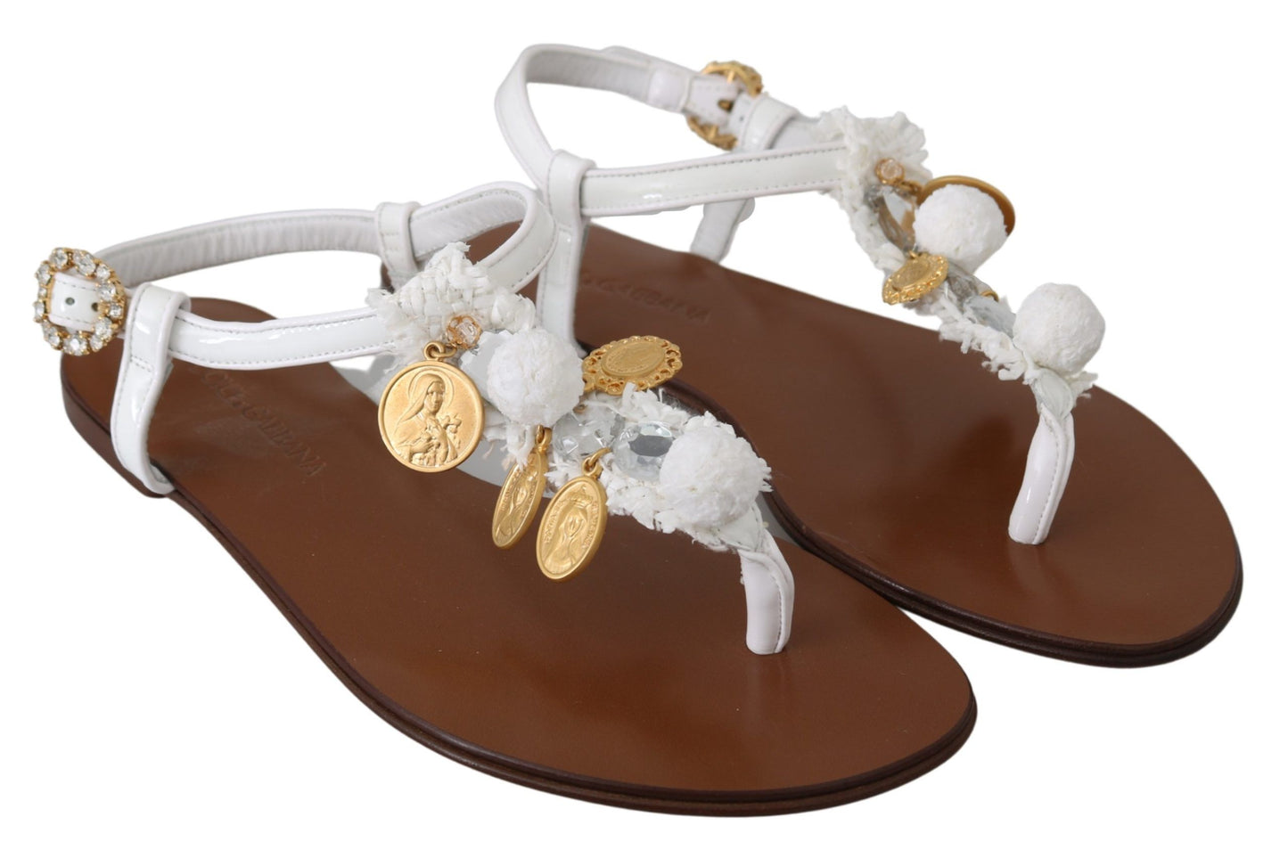 Dolce &amp; Gabbana White Leather Coins Flip Flops Sandals Shoes