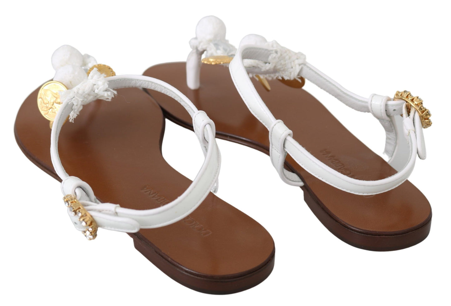 Dolce &amp; Gabbana White Leather Coins Flip Flops Sandals Shoes