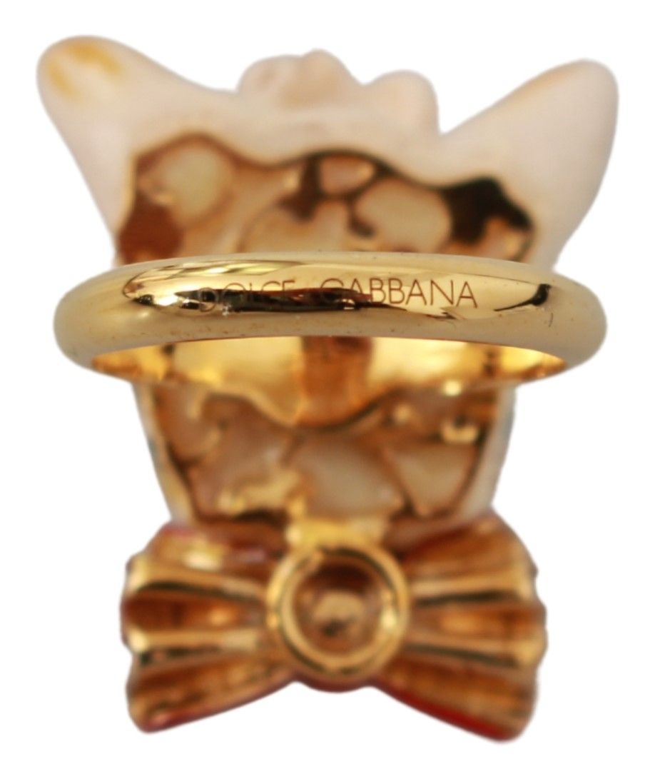 Dolce &amp; Gabbana Gold Brass Resin Beige Dog Pet Branded Accessory Ring