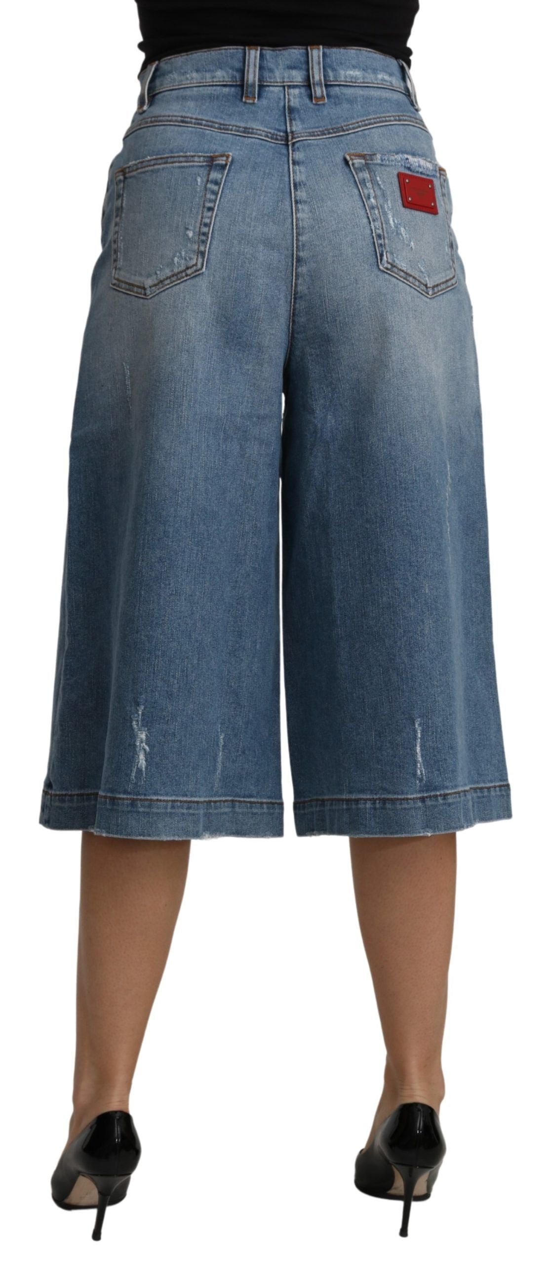 Dolce &amp; Gabbana Blue Wide Leg Cropped Mid Waist Cotton Jeans