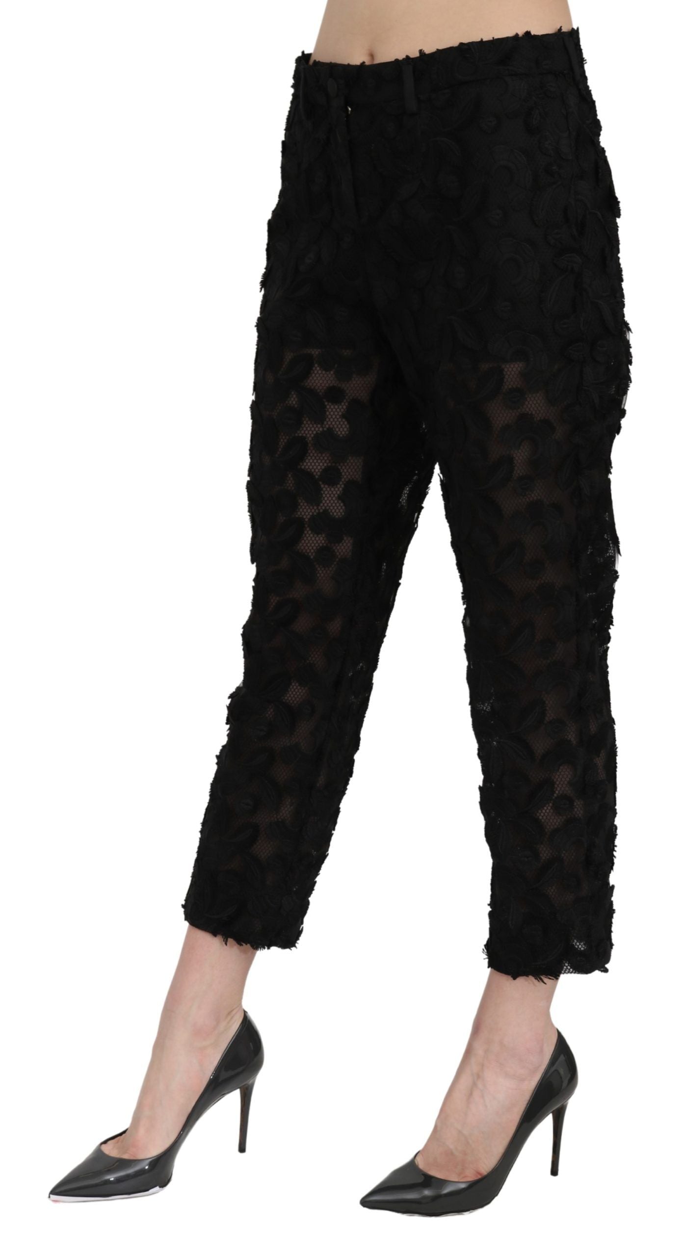 Dolce &amp; Gabbana Black Lace Straight Cropped High Waist Pants