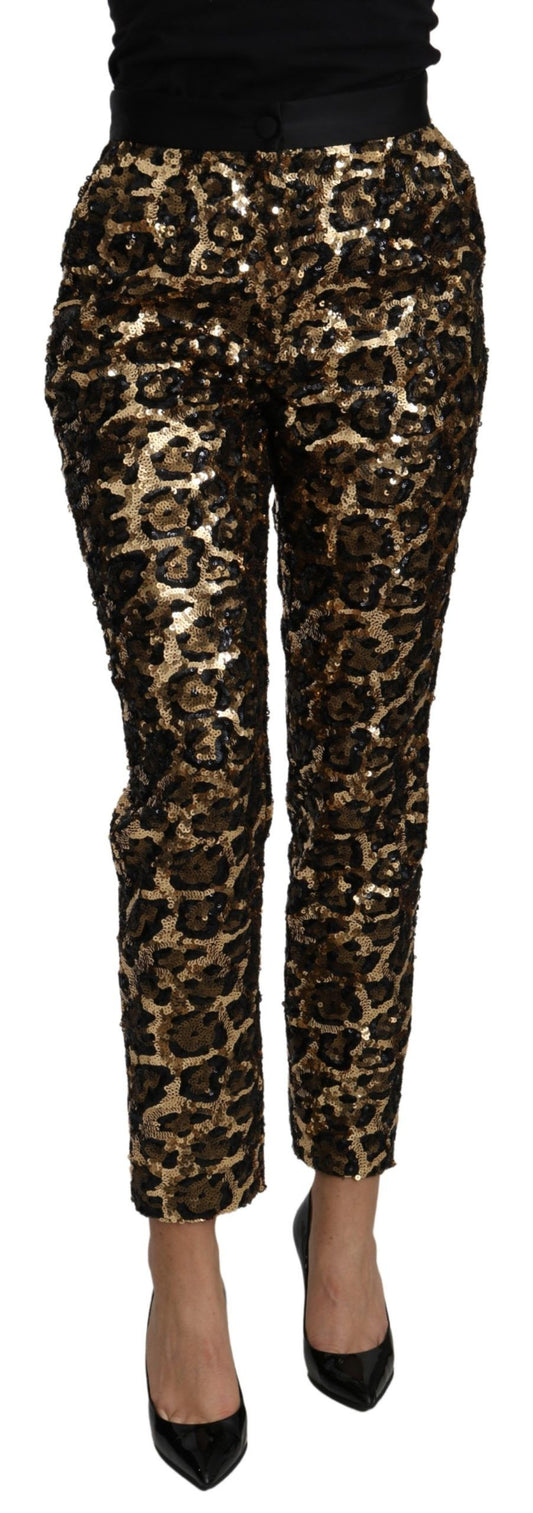 Dolce &amp; Gabbana Gold Brown Leopard Sequined High Waist Pants