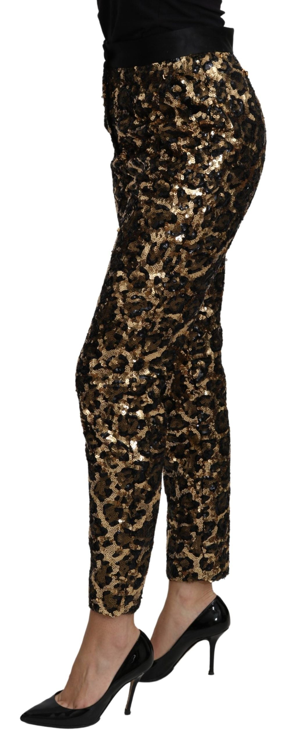 Dolce &amp; Gabbana Gold Brown Leopard Sequined High Waist Pants