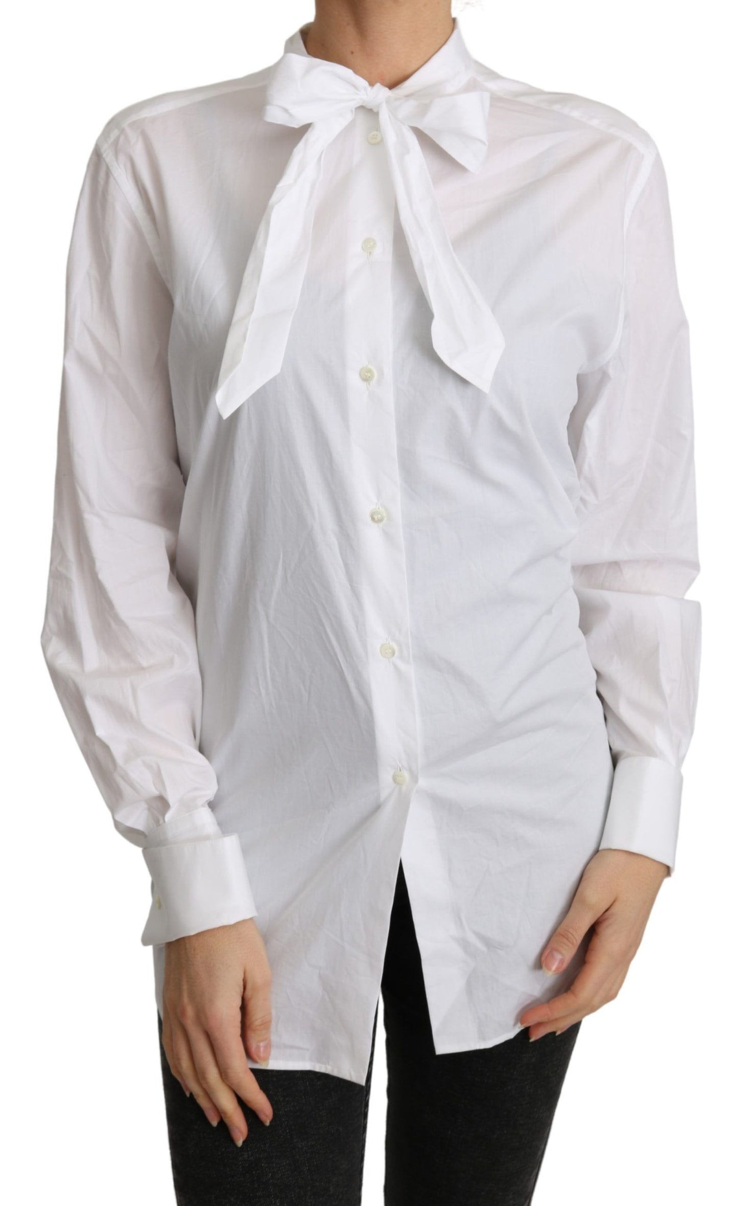 Dolce &amp; Gabbana Cotton White Scarf Neck Shirt Blouse Top