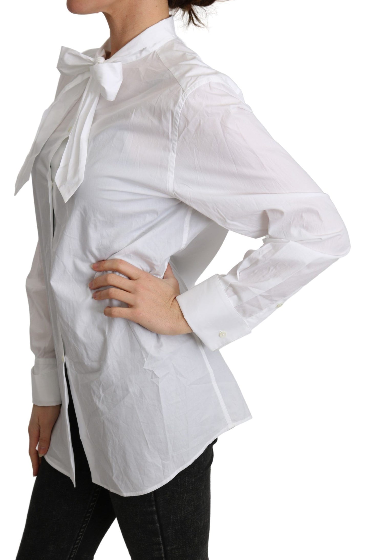 Dolce &amp; Gabbana Cotton White Scarf Neck Shirt Blouse Top