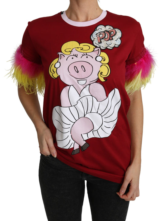 Dolce &amp; Gabbana Red Pig Print Feather Sleeves T-shirt Top