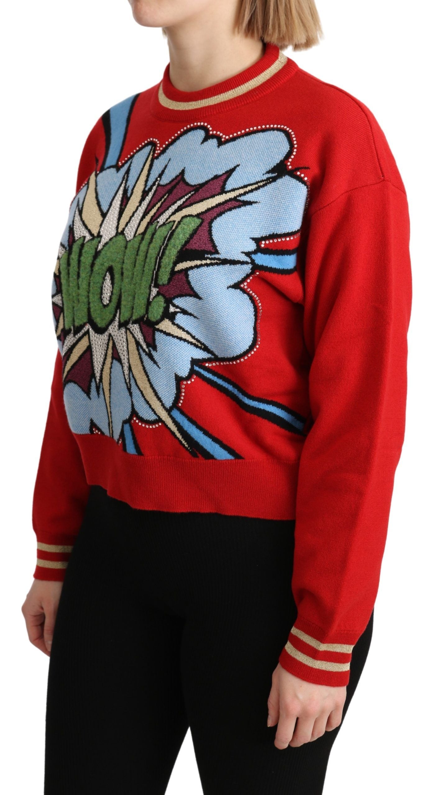 Dolce &amp; Gabbana Roter gestrickter Kaschmir-Cartoon-Top-Pullover