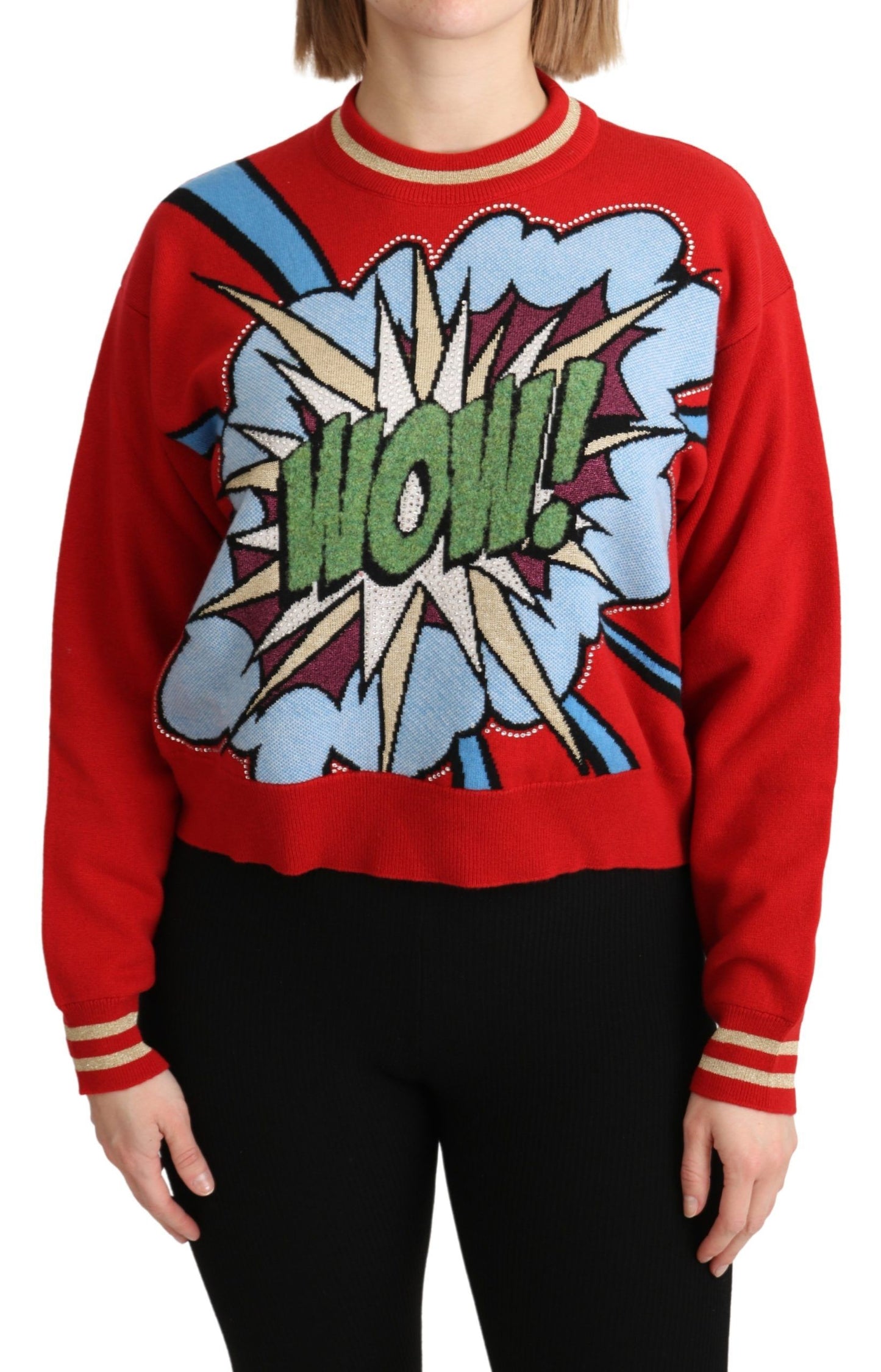 Dolce &amp; Gabbana Roter gestrickter Kaschmir-Cartoon-Top-Pullover