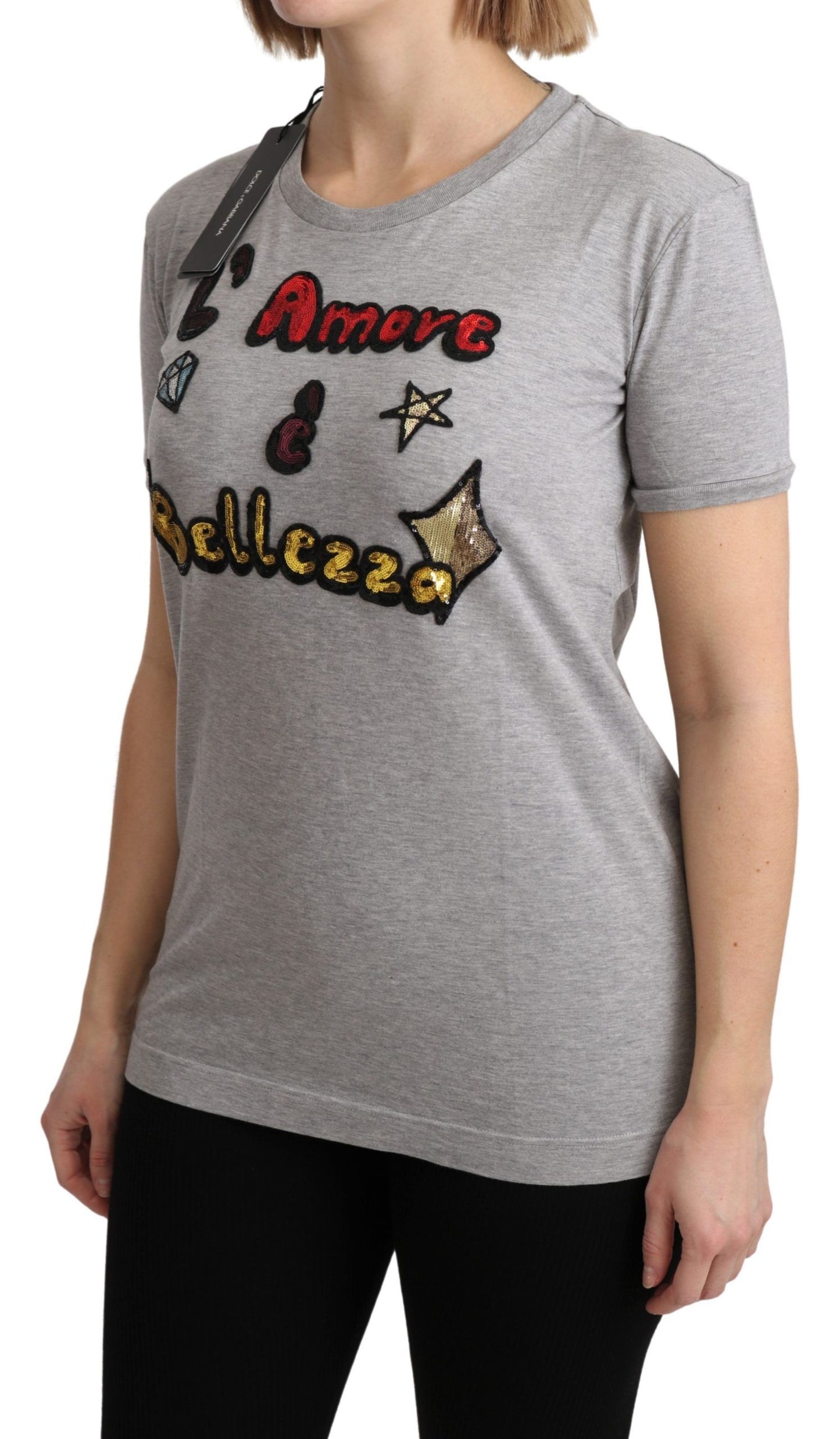 Dolce &amp; Gabbana Graues Amore e Bellezza Top-T-Shirt aus Baumwolle