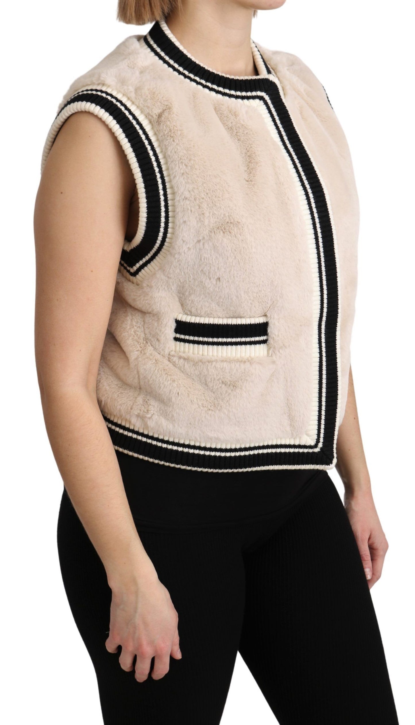 Dolce &amp; Gabbana Beige Fur Sleeveless Vest Polyester Top