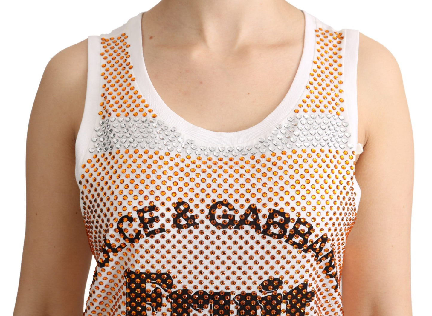 Dolce &amp; Gabbana Ärmelloses Tanktop aus Baumwolle mit Kristallen in Weiß und Orange