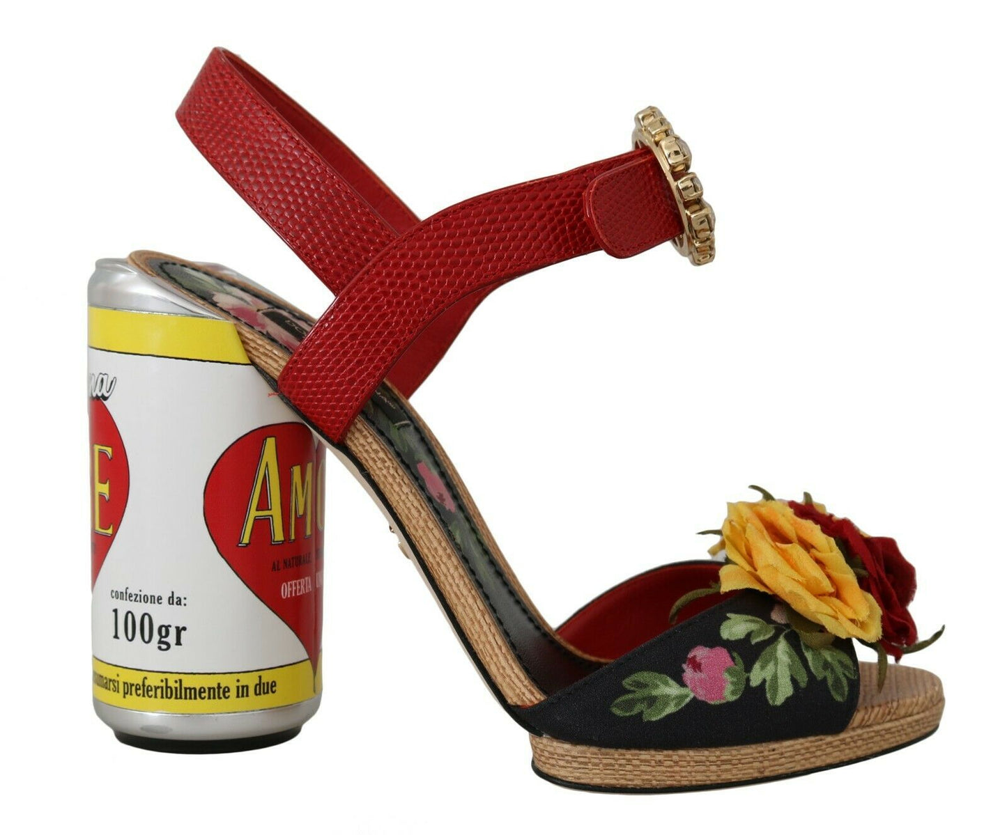 Mehrfarbige, mit Blumen verzierte zylindrische Absätze von Dolce &amp; Gabbana, AMORE-Sandalen