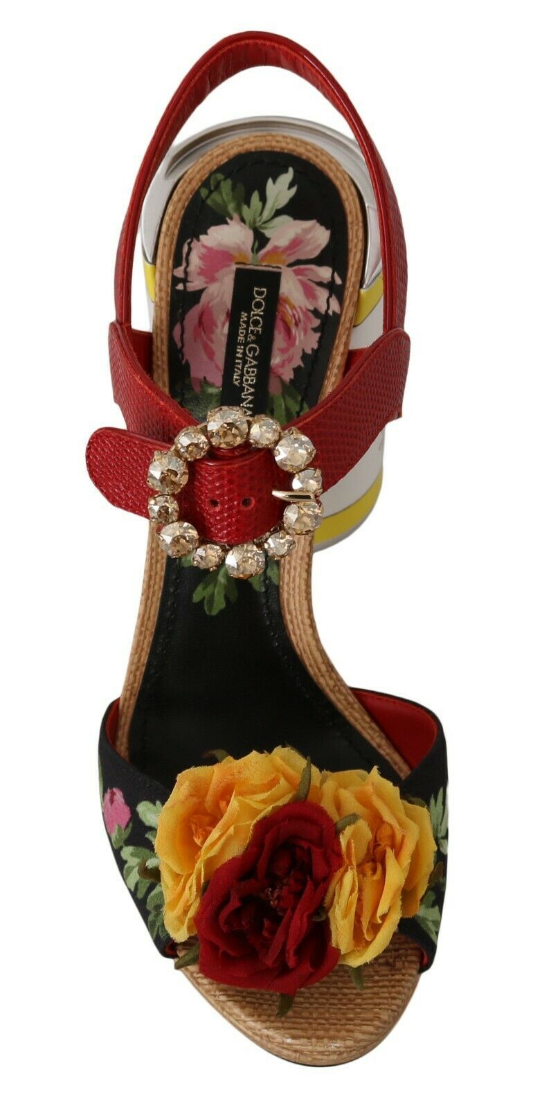 Mehrfarbige, mit Blumen verzierte zylindrische Absätze von Dolce &amp; Gabbana, AMORE-Sandalen