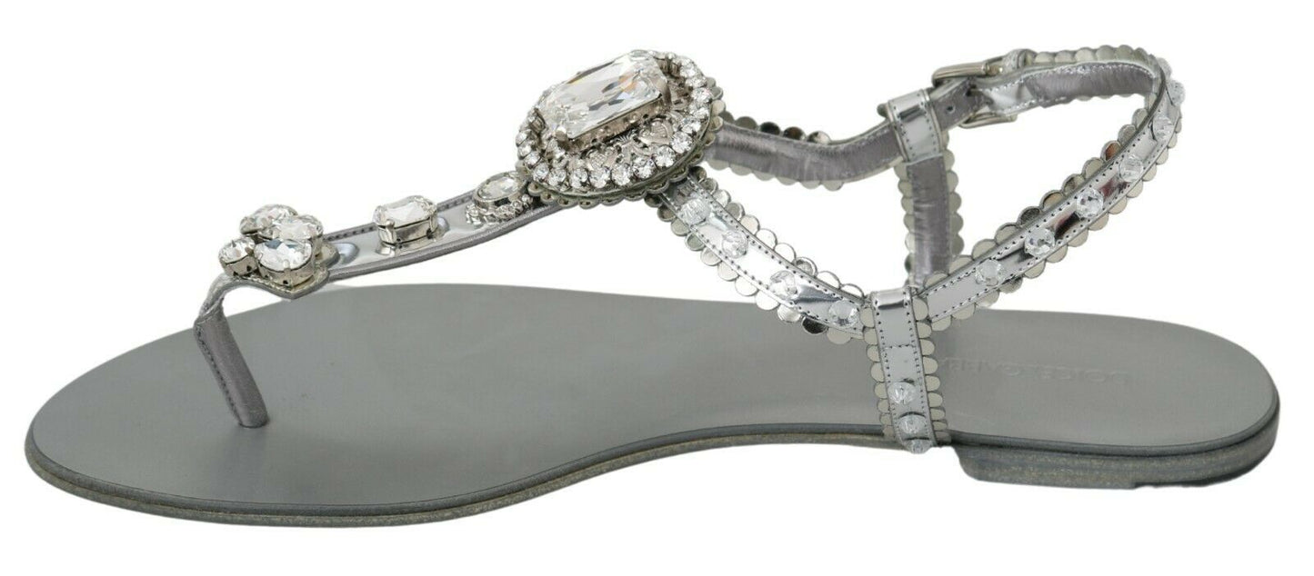 Dolce &amp; Gabbana Silver Crystal Sandals Mga Sapatos na Flip Flops