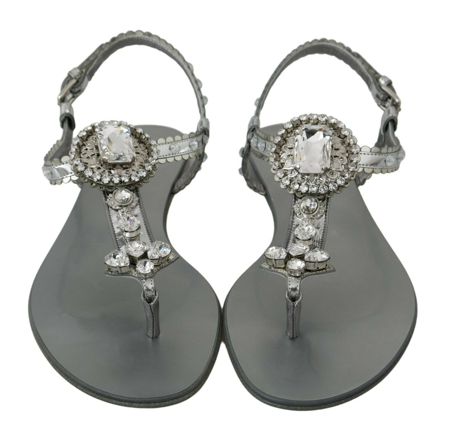 Dolce &amp; Gabbana Silver Crystal Sandals Mga Sapatos na Flip Flops