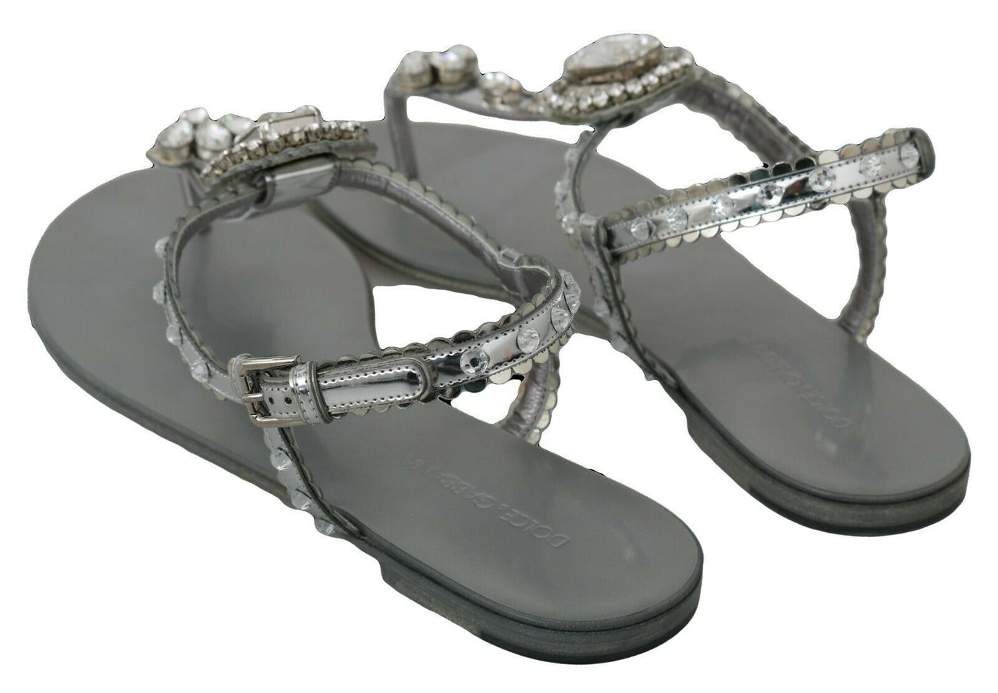 Dolce &amp; Gabbana Silver Crystal Sandals Mga Sapatos na Flip Flops