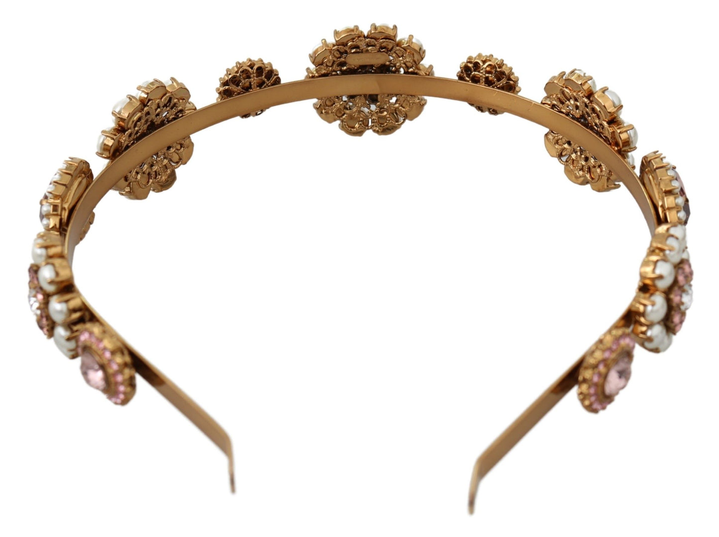 Dolce &amp; Gabbana Gold Tiara Kristall Blumen Perlen Stirnband Logo Diadem