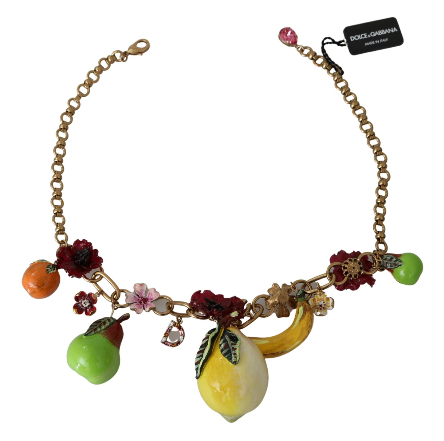 Dolce &amp; Gabbana FRUIT Anhänger Blumen Kristall DG Logo Gold Messing Halskette