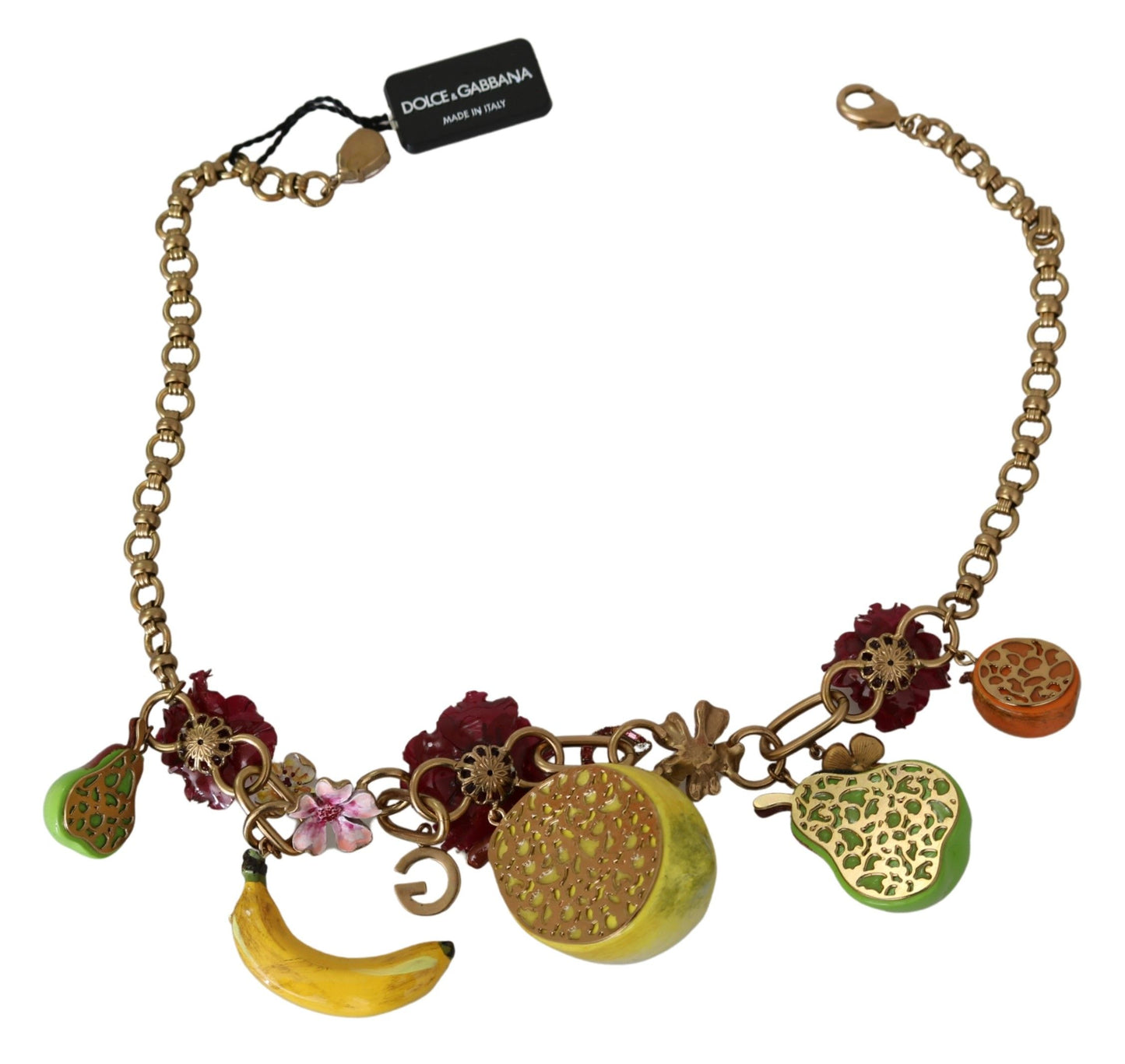 Dolce &amp; Gabbana FRUIT Pendants Flowers Crystal DG Logo Gold Brass Necklace