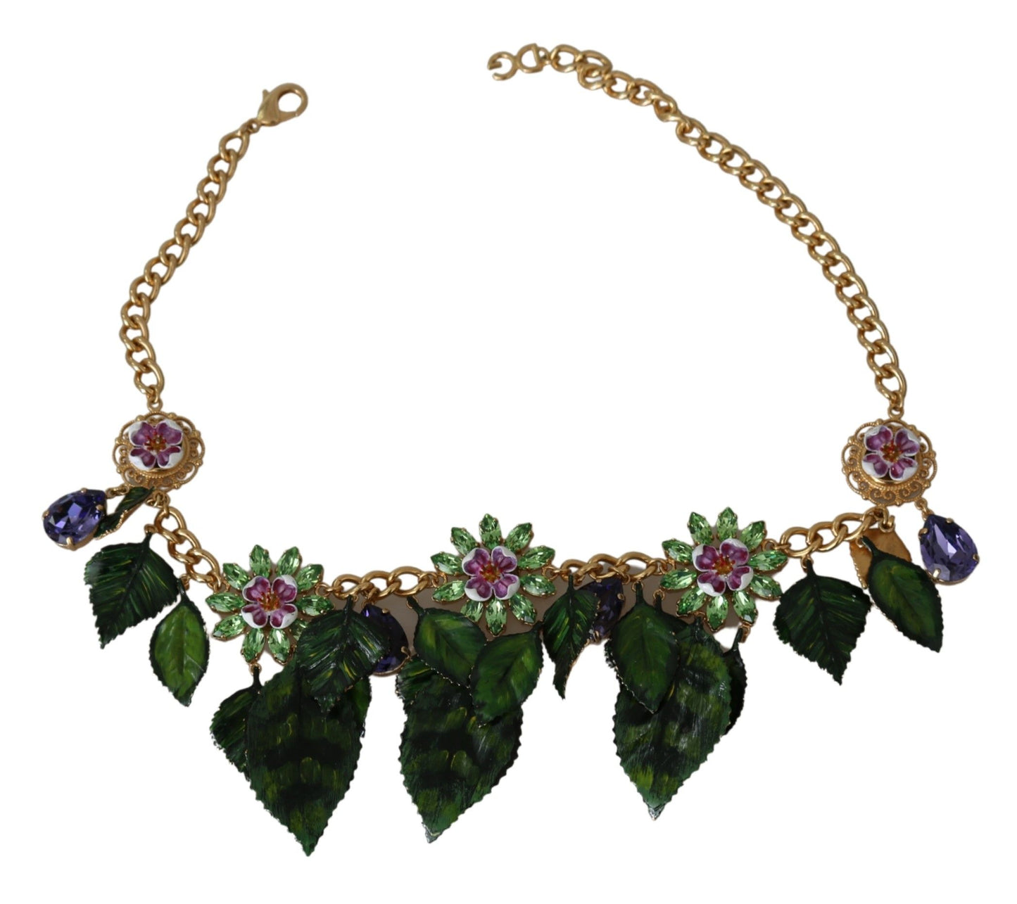 Dolce &amp; Gabbana Green Leaves Gold Brass Crystal Flower Pendant Necklace