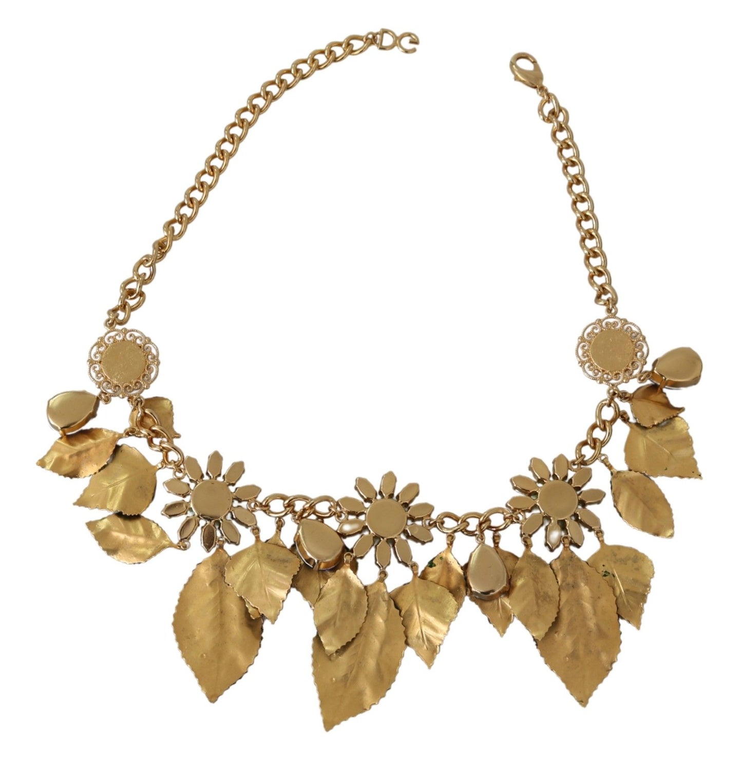 Dolce &amp; Gabbana Green Leaves Gold Brass Crystal Flower Pendant Necklace