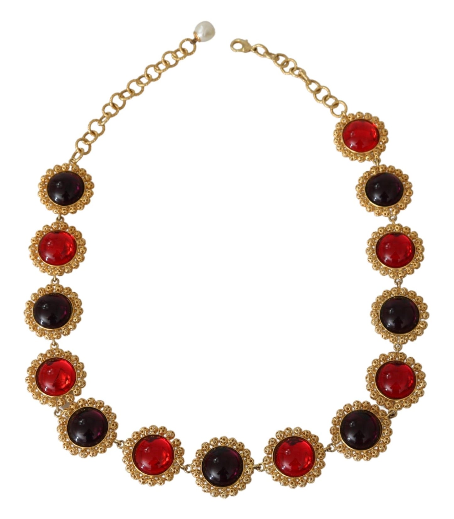 Dolce &amp; Gabbana Red Purple Crystal Floral Chain Statement Gold Brass Necklace